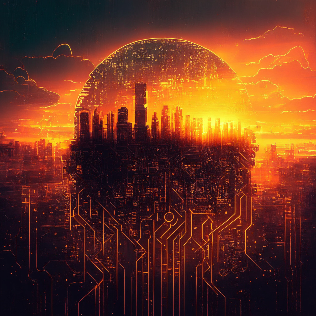 Intricate circuit board cityscape, glowing sunset, hints of turbulent weather, steampunk-inspired mining equipment, contrasting light and shadows, triumphant figure depicting resilience, soft & warm color palette, atmospheric depth, melancholic yet hopeful mood, an ethereal Bitcoin symbol in the sky.