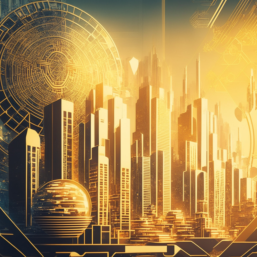 Intricate cityscape with financial institutions, futuristic blockchain elements, digital privacy symbols, soft golden lighting, Art Deco style, interconnected smart contracts, a feeling of innovation and progress, juxtaposed with subtle shadows expressing concerns, potential challenges in maintaining decentralization, and compliance barriers.