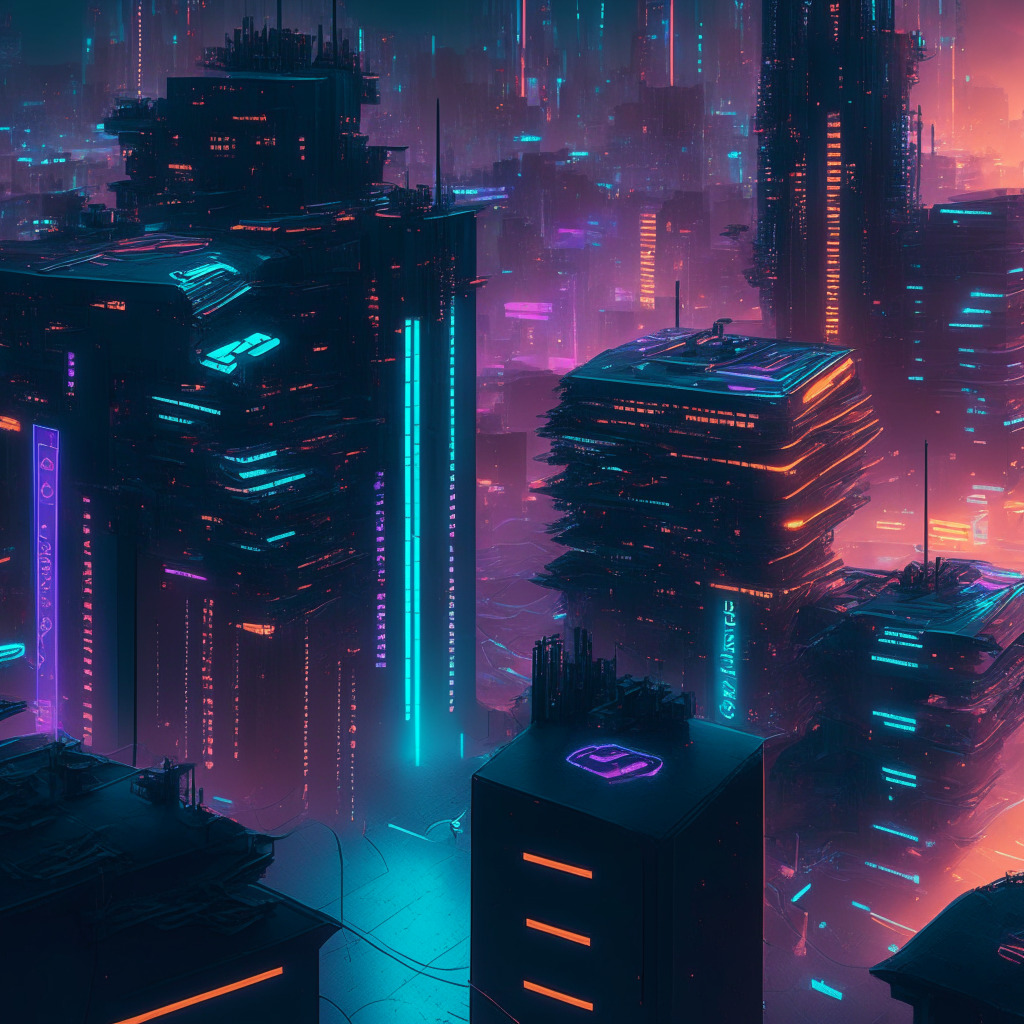 Futuristic financial district, privacy-centric blockchain network, diverse institutional buildings, interconnected digital structures, vibrant neon lighting, dusk setting, tokens transforming into real-world assets, moody cyberpunk atmosphere, air of efficiency and innovation, seamless interoperability, delicate balance between centralization and decentralization.