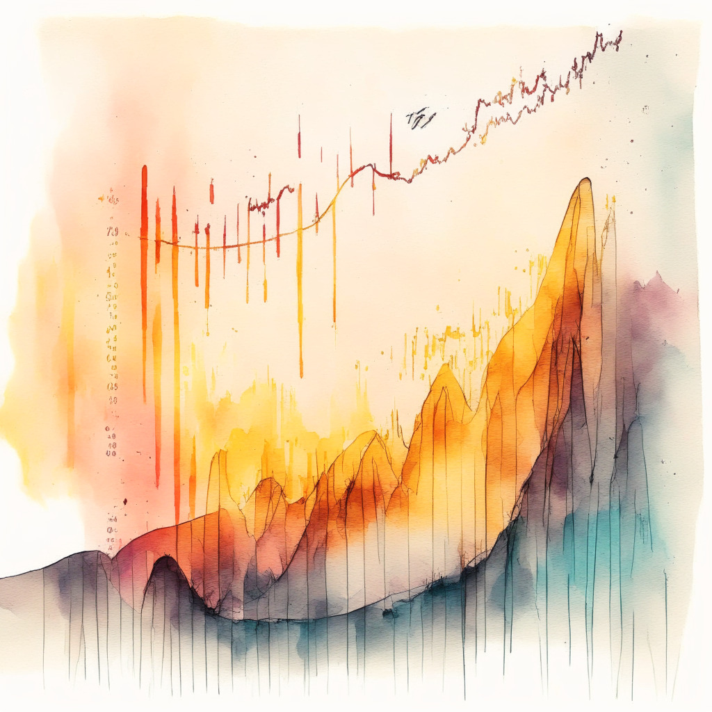 Gloomy financial chart in sunset, Cardano coin descending, support trendline, artistic watercolor style, mood: uncertainty, recovery anticipation, Bollinger Bands, Vortex Indicator, no logos, cautious optimism.