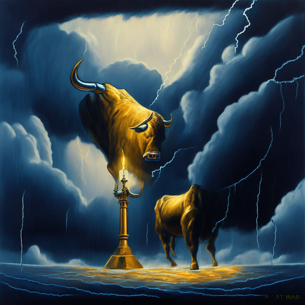 Cryptocurrency market uncertainty, Cardano coin balancing between support and resistance, stormy skies with bulls and bears battling, surreal oil painting style, EMAs exerting pressure, candlestick chart hints, tension amidst low volatility, potential for new bull cycle or 17% downfall, hovering over critical $0.3 support, contrasting light and shadow.