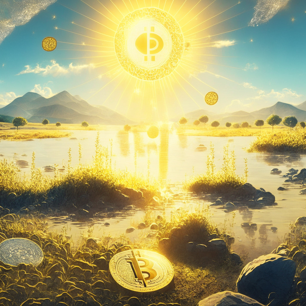 Sunlit crypto landscape, Cardano rising above Bitcoin and Ethereum, shimmering proof-of-stake blockchain, intricate network of decentralized governance, artistic representation of Genie and Nakamoto coefficients, confident optimism in regulatory landscape, serene mood, tinge of golden summer light.