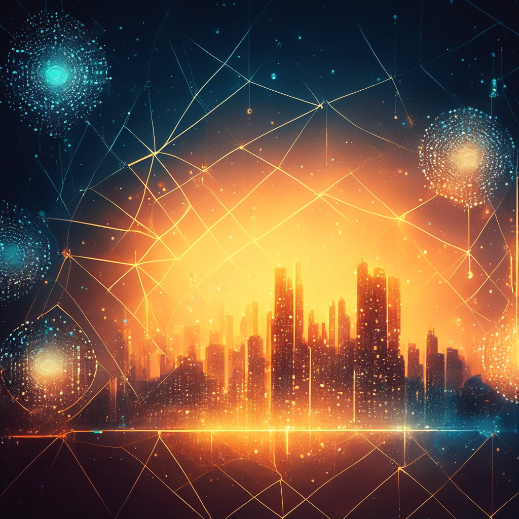 Ethereal cityscape at dawn, intricate blockchain network, glowing connections, Cardano symbol as shining beacon, dApps and exchange swaps thriving, warm & optimistic mood, futuristic art style, hints of financial growth and stability, smooth gradients reflecting progress, sleek multi-address wallet design.