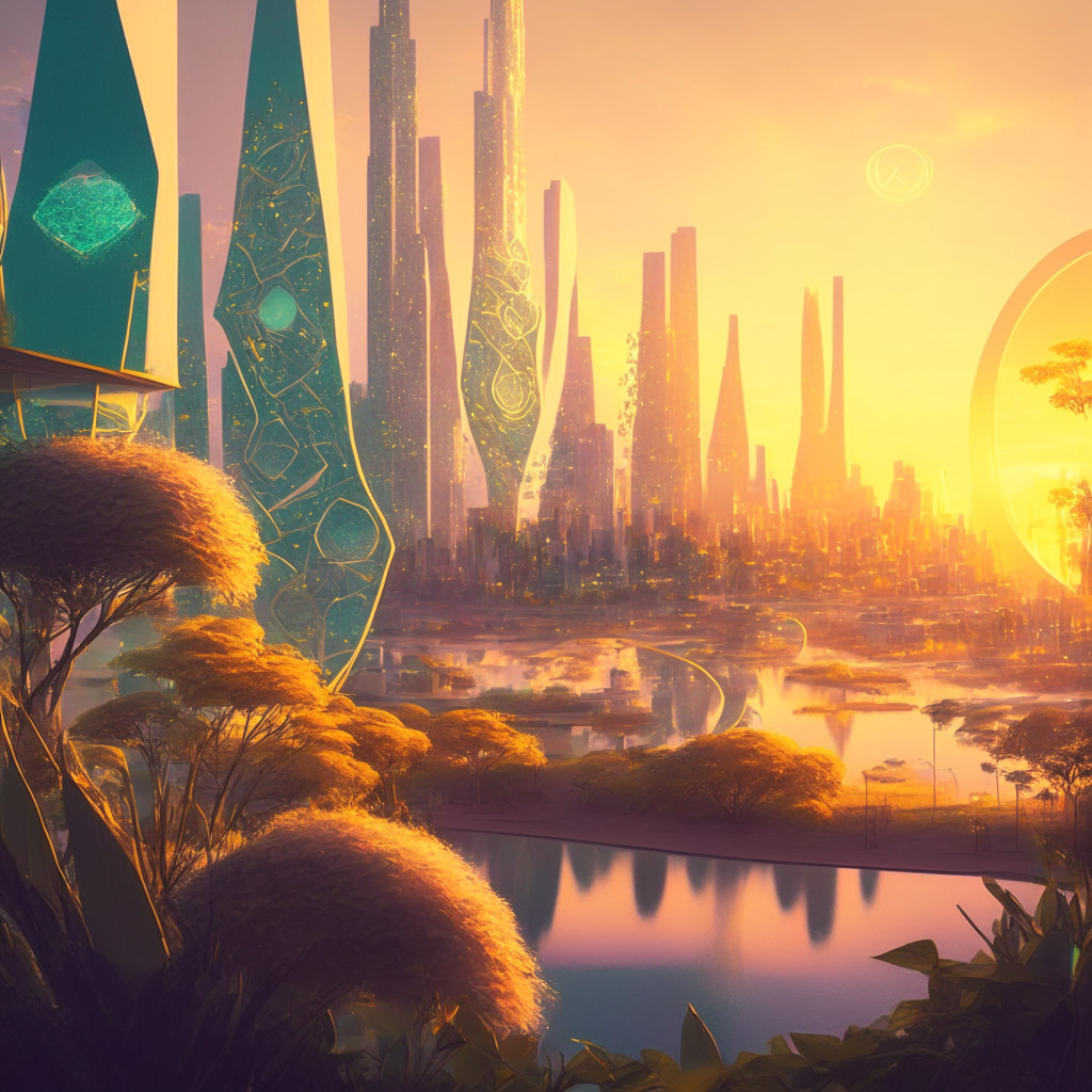 Ethereum-like cityscape at dusk, soft pastel colors, golden hues of sunset, Cardano token spiraling upward in fragile dance, subtle shadows, Ecoterra as eco-friendly alternative, lush greenery, recycling symbols, recycled materials marketplace, vibrant yet serene atmosphere, balanced risk-reward scales, holographic projections, encapsulating a sustainable future, 350 characters.