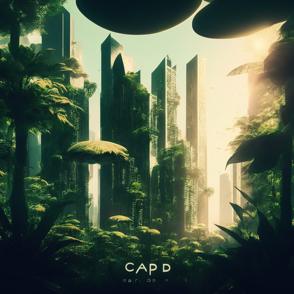 Futuristic cityscape with DeFi ecosystem, Cardano blockchain elements floating, CPI report hinting at inflation, a soaring Ada coin, lush greenery symbolizing eco-friendliness, warm sunlight reflecting market growth, noir-esque shadows illustrating challenges, uplifting yet suspenseful mood.