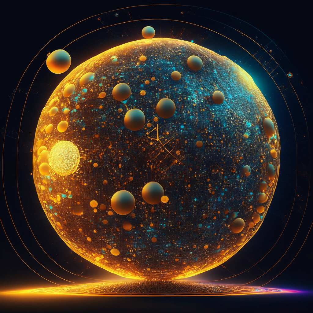 Intricate blockchain artwork, top 5 crypto scene, glowing golden sphere, Cardano's upward trajectory, dusk lighting, rich jewel tone palette, detailed price chart, optimistic mood, subtle warning, swirling market volatility, sleek futuristic style, open-source network, sense of innovation.