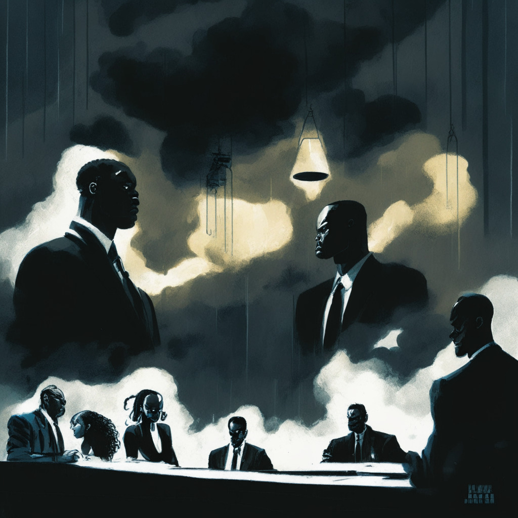 Dark, dramatic courtroom scene, intense light emanating from a central table, Shaquille O'Neal, Tom Brady, Naomi Osaka solemnly facing each other, shadowy figures of attorneys and judge, heavy burden hanging in the air, abstract crypto symbols against stormy skies above, bold brush strokes conveying seriousness and tension, somber palette.
