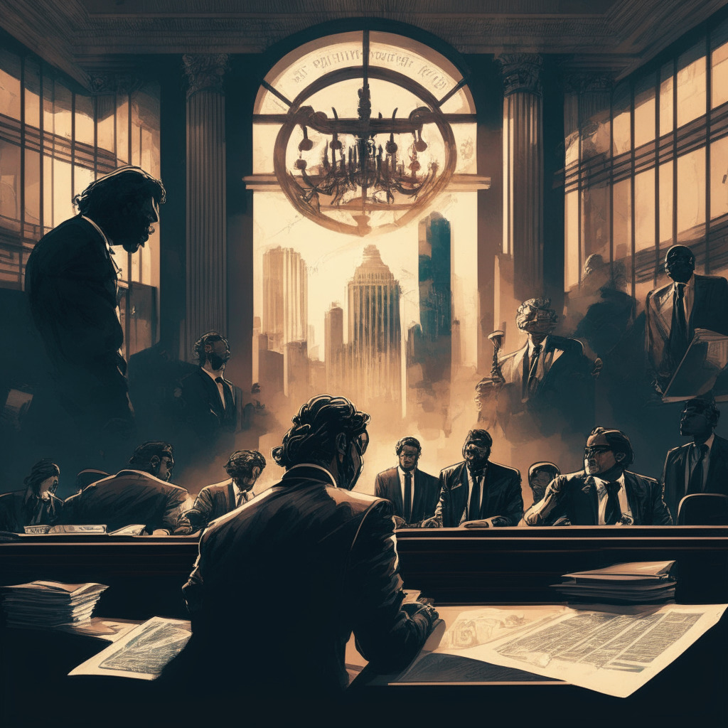 Intricate courtroom scene with celebrity defendants, a dramatic play of light and shadow, solemn expressions on the faces, Miami skyline in the background, legal documents featuring crypto exchange testimonies, a mix of Baroque and modern artistic style, tension and anticipation in the air.