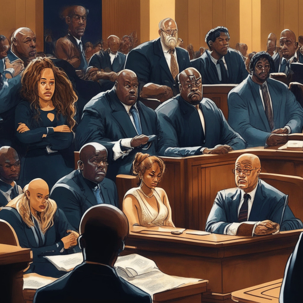 Intricate courtroom scene, Shaquille O'Neal, Larry David, Tom Brady, and Naomi Osaka seated, lawyers engaged in a legal battle, mood of tension and seriousness, dim lighting with a spotlight on key figures, impressionist style, focus on accountability and celebrity endorsements in the crypto space.