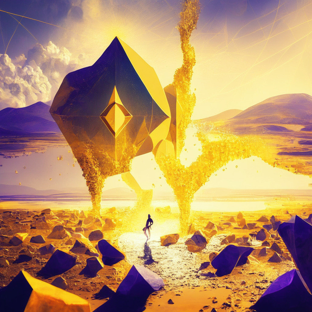 Ethereum network in action, $75M ETH staking, innovators vs skeptics, golden hues & contrasting shadows, visionary approach, vibrant virtual landscape, hint of uncertainty, potential risks & rewards, striking balance, futuristic finance, bold steps, no logos.