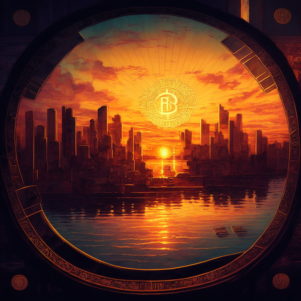 Crypto lending platform resolution, sunset over a calm cityscape, intertwined dollar and crypto symbols, renaissance-style painting, intricate chiaroscuro shading, warm colors, relief and cautionary undertones, emphasizing regained access to funds, desire for enhanced regulation, and the importance of transparency.