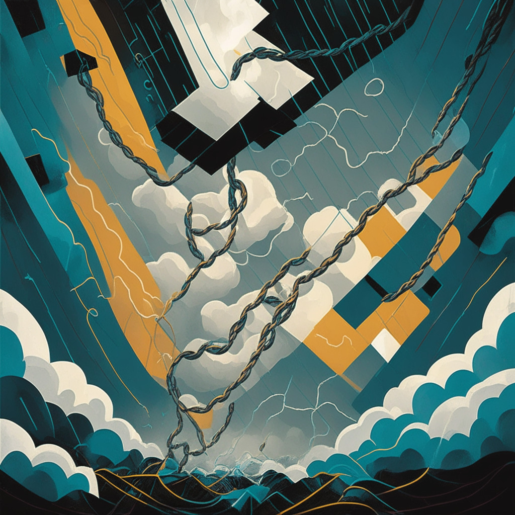 Intricate blockchain imagery, stormy skies with hints of light breaking through, a struggling company reaching toward a safety rope, balance between liquidity and stability, modern cubist art style, dynamic interplay of cool and warm colors, subtle sense of anxiousness and anticipation, signs of resilience amidst adversity.
