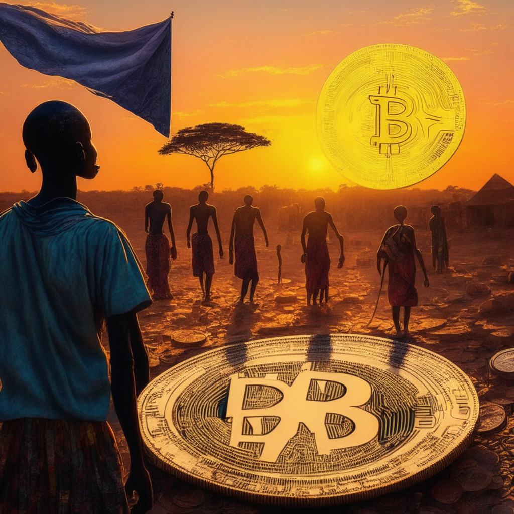 Central African Republic adopting Bitcoin as legal tender, sunset reflecting on vibrant marketplace, digital currency symbols mingling with traditional forms of trade, people filled with optimism and determination, mood of transformation, careful balance between risk and reward, shadows hinting at potential challenges, harmonious blend of old and new financial systems.