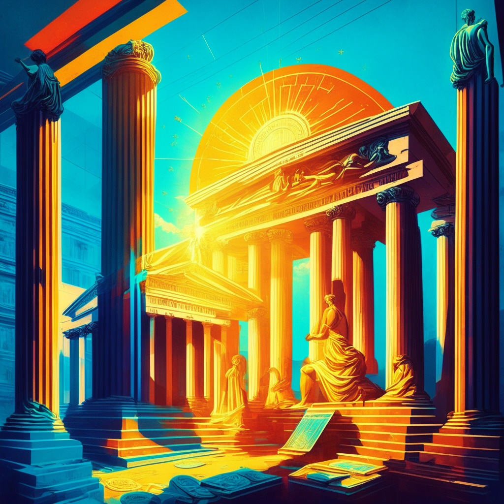 Central bank in crypto debate, innovation vs regulation, global cryptocurrency possibilities, sunlit monetary scales, balance of power, vibrant yet cautionary palette, modern-meets-classic art style, hopeful yet vigilant mood.