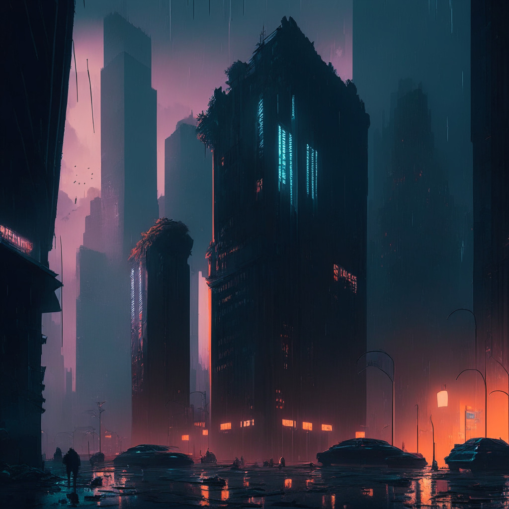 Gloomy financial district at dusk, crypto exchange buildings on the brink of collapse, intense debate over centralization & regulation in the foreground, tinge of hope as decentralized alternatives emerge, chiaroscuro lighting emphasizing the uncertainty and conflicting moods, cyberpunk-inspired aesthetic.