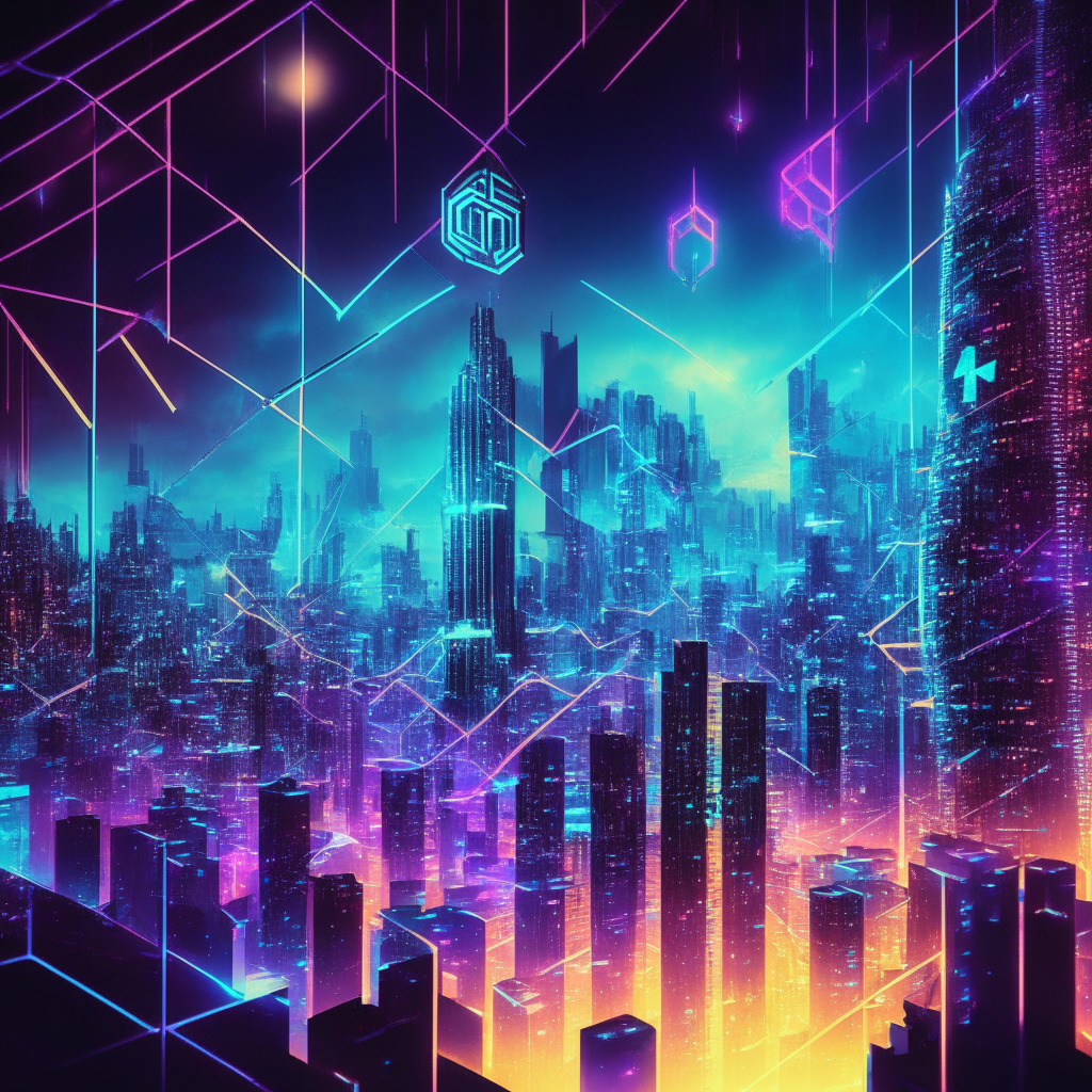 Futuristic cityscape showcasing Ethereum & Chainlink VRF merger, bright neon signs symbolizing smart contracts & DApps, dynamic interplays of light & shadow, optimistic rollup technology hovering above skyscrapers, technological harmony, moody atmosphere with glowing networks, sleek visionary aesthetic.