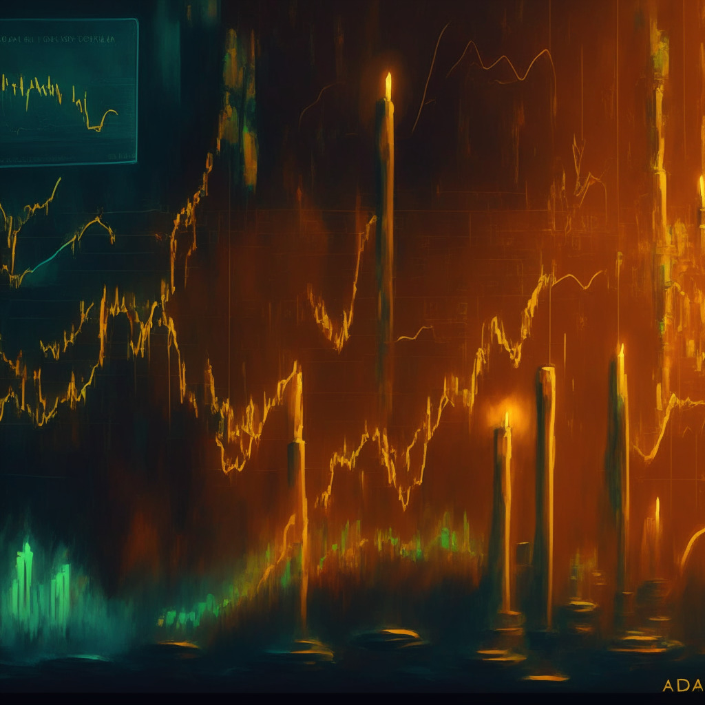 Cryptocurrency market scene, ADA coin on upward channel pattern, bearish crossover, golden light cast, impressionist oil painting style, somber mood, hint of potential growth or risk, candles reflecting lower price rejection, bullish reversal possibility, MACD and EMA indicators depicting bearish trend.