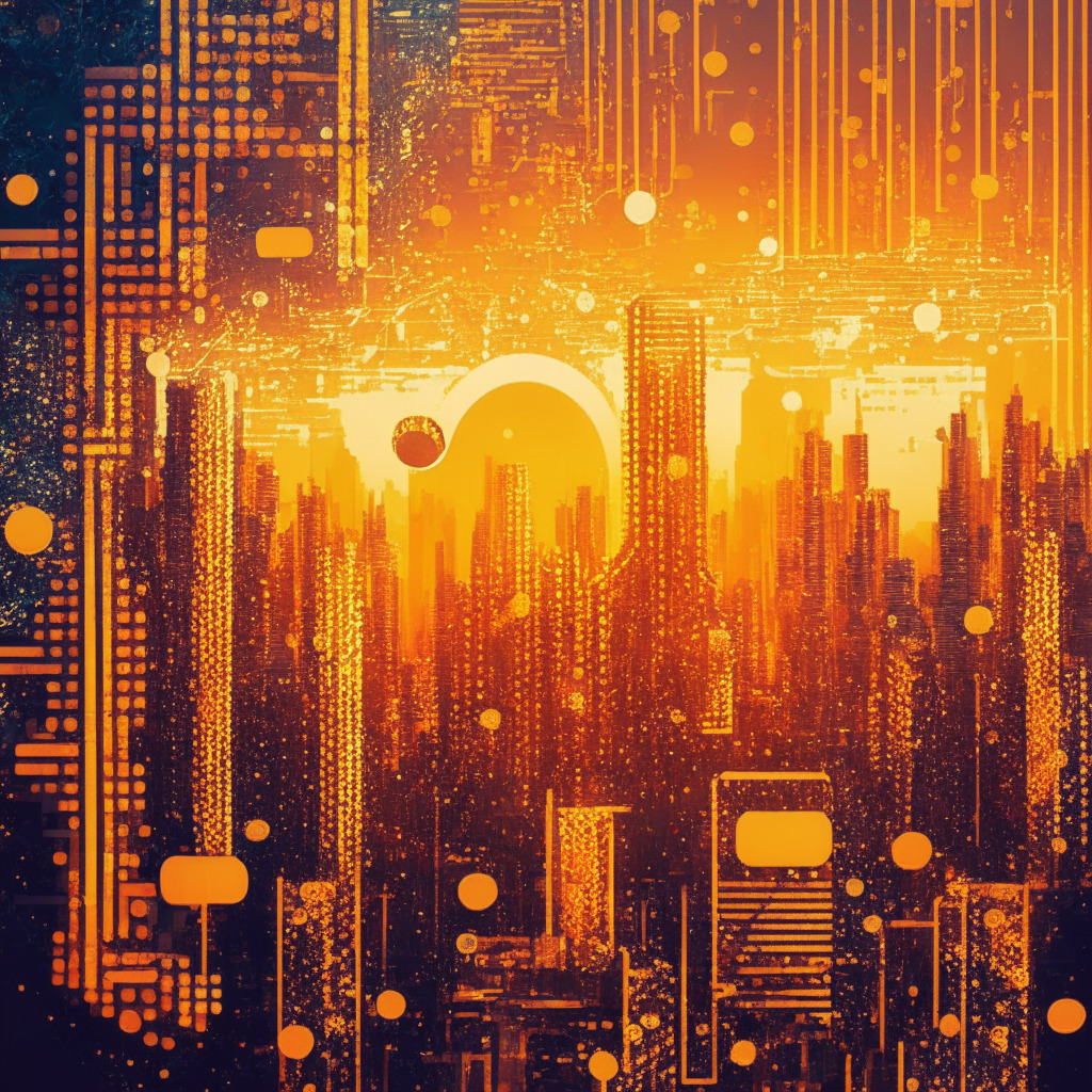 Intricate cybernetic pattern, AI-chatbot-inspired elements, sleek smartphone, bustling metropolis, futuristic text bubbles, golden hour sunset, rich color palette, interconnected blockchain imagery, overlapping textures, sense of innovation, luminous highlights, optimistic mood, dynamic composition.