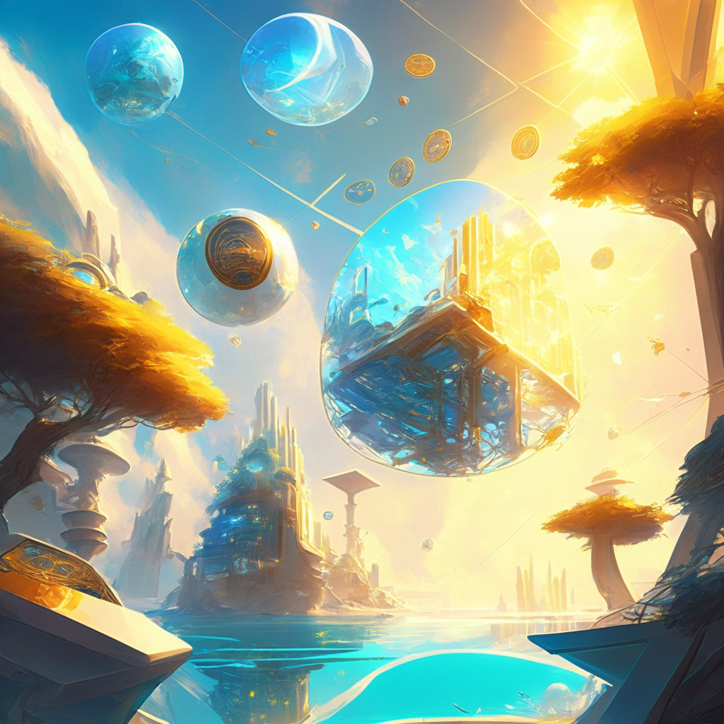 Futuristic metaverse with trading card game, proof of space, and time concept, soft sunlight illuminating intricate interconnected web of floating islands, players owning & trading assets, contrast of warm and cool tones, open and inviting atmosphere, sense of discovery and excitement.