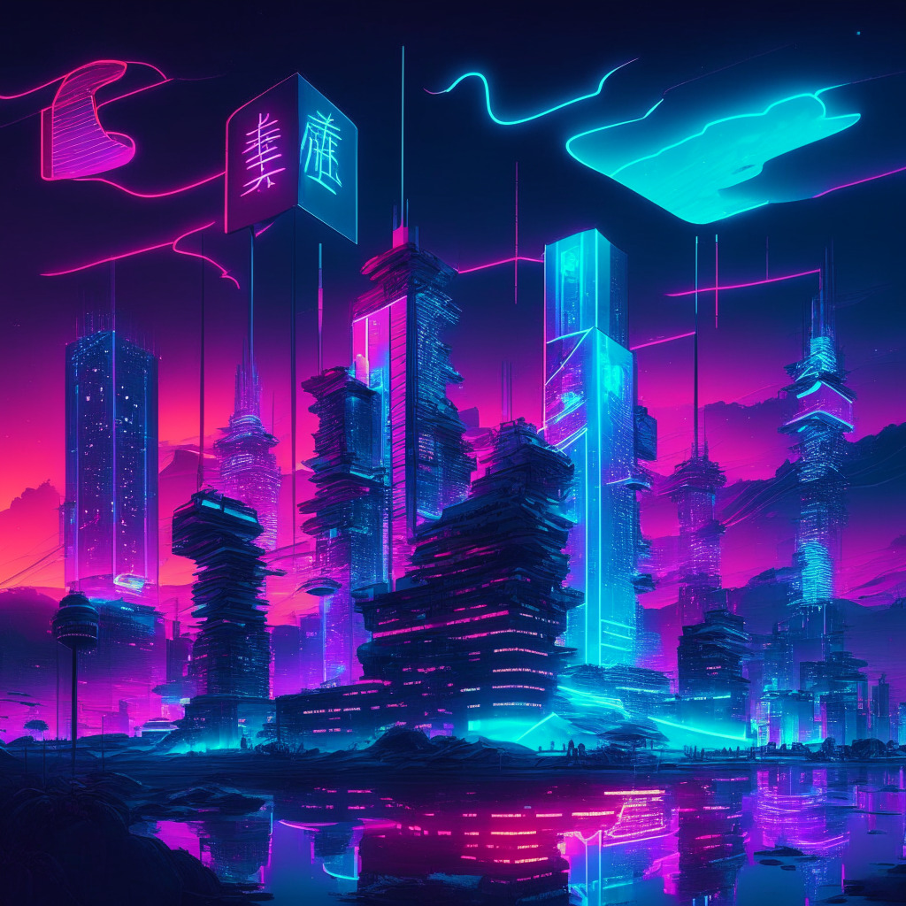Urban landscape, central National Blockchain Research Center, futuristic architecture, evening twilight, glowing neon lights, Chinese flag, gathered experts, holographic diagrams, steely determination, harmonious collaboration, overcoming blockchain islands, reignited spark, mood: resilience & innovation.