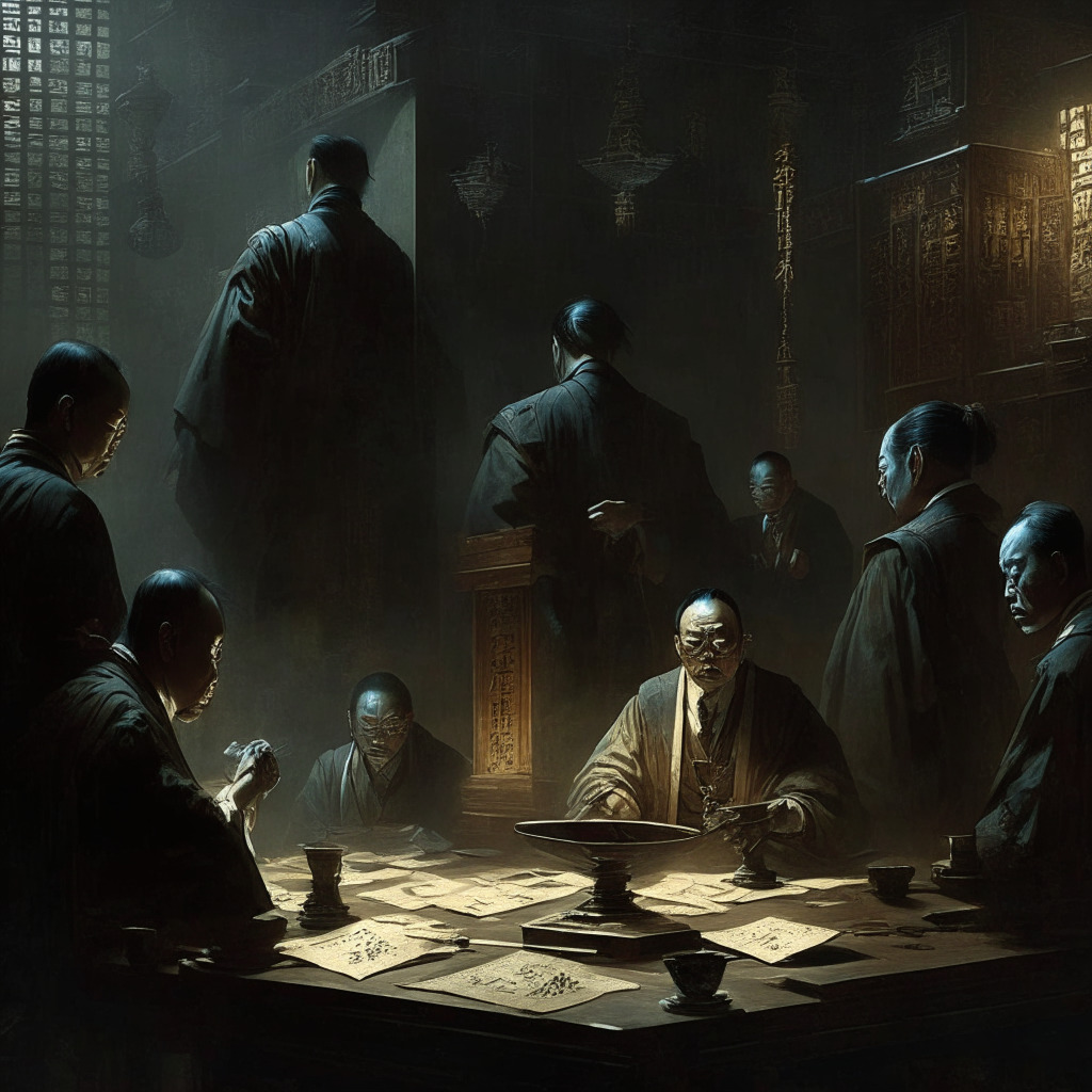 Intricate Chinese legal scene, various NFT artworks, shadow of clampdown, dark and moody atmosphere, chiaroscuro lighting, hints of skepticism and danger, blend of antiquity and technology, sense of uncertainty in growth, undercurrent of strict regulations, subtle pyramid scheme allusion.