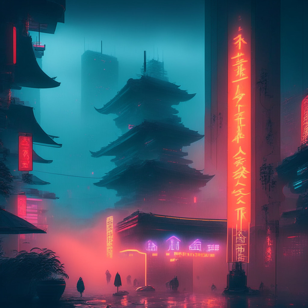 Misty Chinese cityscape with NFT-themed neon signs, contrasting warm and cool tones, chiaroscuro lighting, digital currency symbols, legal documents representing regulations, futuristic atmosphere, and a faint hint of uncertainty amidst blockchain growth.