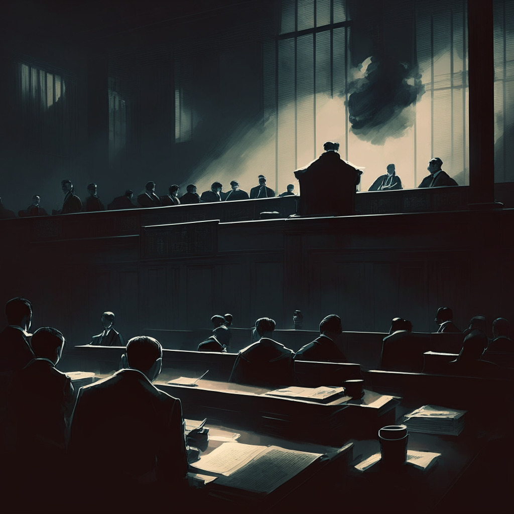 Chinese legal agency cautioning NFT craze, dimly lit courtroom scene, shadowy figures scrutinizing digital art, chiaroscuro style, tension and uncertainty in the air, blockchain technology in the background, somber and contemplative mood, hint of global impact.