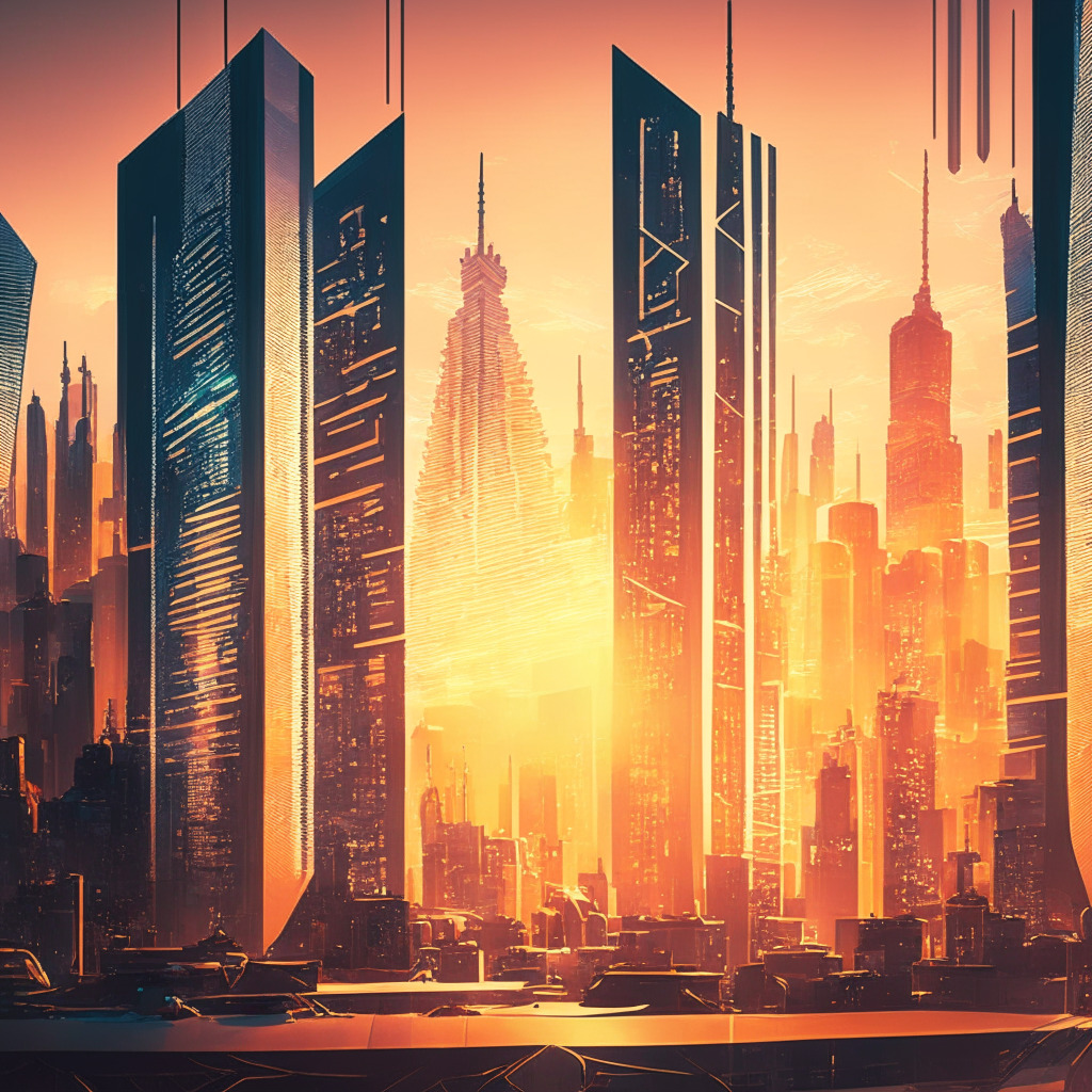 Intricate cityscape with futuristic buildings, glowing holographic signs depicting blockchain symbols, students and professionals collaborating across bustling open spaces, warm sunset hues casting dynamic shadows, contrasting textures of sleek glass surfaces and traditional Chinese architectural elements, an air of innovation and ambition with subtle tension of central authority.