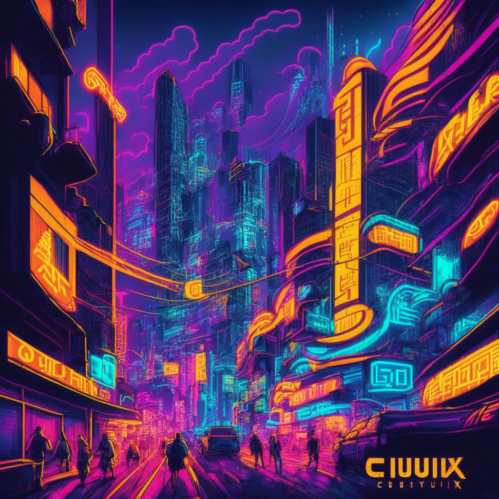 Chinese Ethereum-inspired cityscape, Conflux Network's logo as a neon sign, bustling Hong Kong street with investors trading cryptocurrencies, futuristic skyline, warm and vibrant colors, late evening setting, soft glow of city lights, energetic and optimistic atmosphere, illustration style with strong linework and shading.