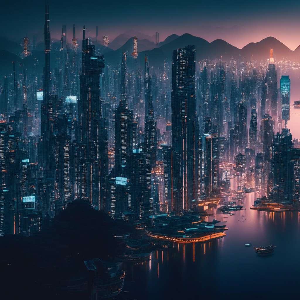 Intricate cityscape of Hong Kong at dusk, Chinese architecture, futuristic digital asset hub, powerful the Securities and Futures Commission overseeing, diverse virtual assets (cryptocurrencies, NFTs, carbon credits) intertwined in the skyline, expansion & globalization vibes, mood of opportunity amidst regulation.