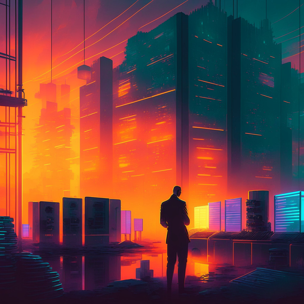 Futuristic crypto mining facility, 11,000 mining rigs, glowing lights reflecting on workers, serene sunset backdrop, chiaroscuro lighting, a businessman analyzing stats, optimistic mood, evolving technology, juxtaposition of thriving vs struggling businesses, muted color palette with contrast.