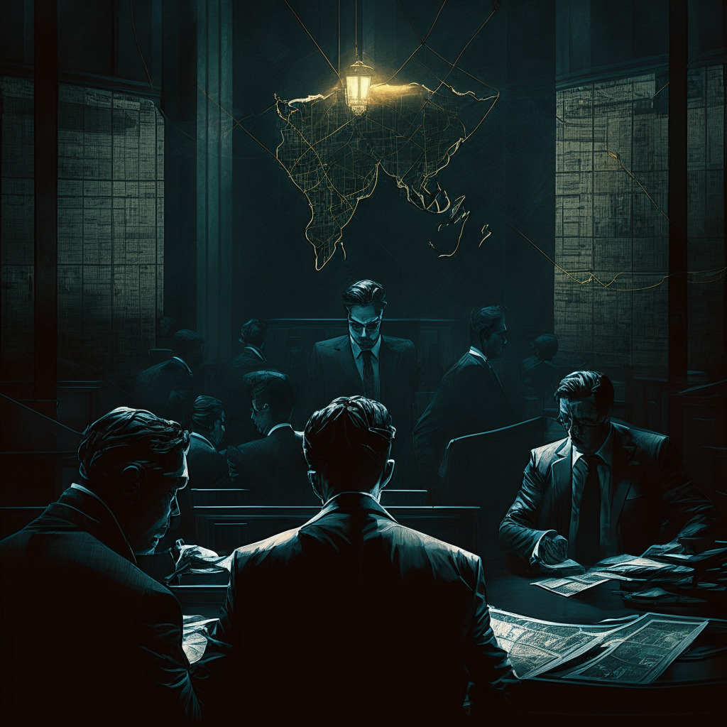 Intricate financial dispute, evening courtroom drama, chiaroscuro lighting, tension-filled atmosphere, a central figure with an air of betrayal and whispers of trade secret theft, prominent cryptocurrency symbols and stock market charts as a background, emerging blockchain technology's influence in the financial world.
