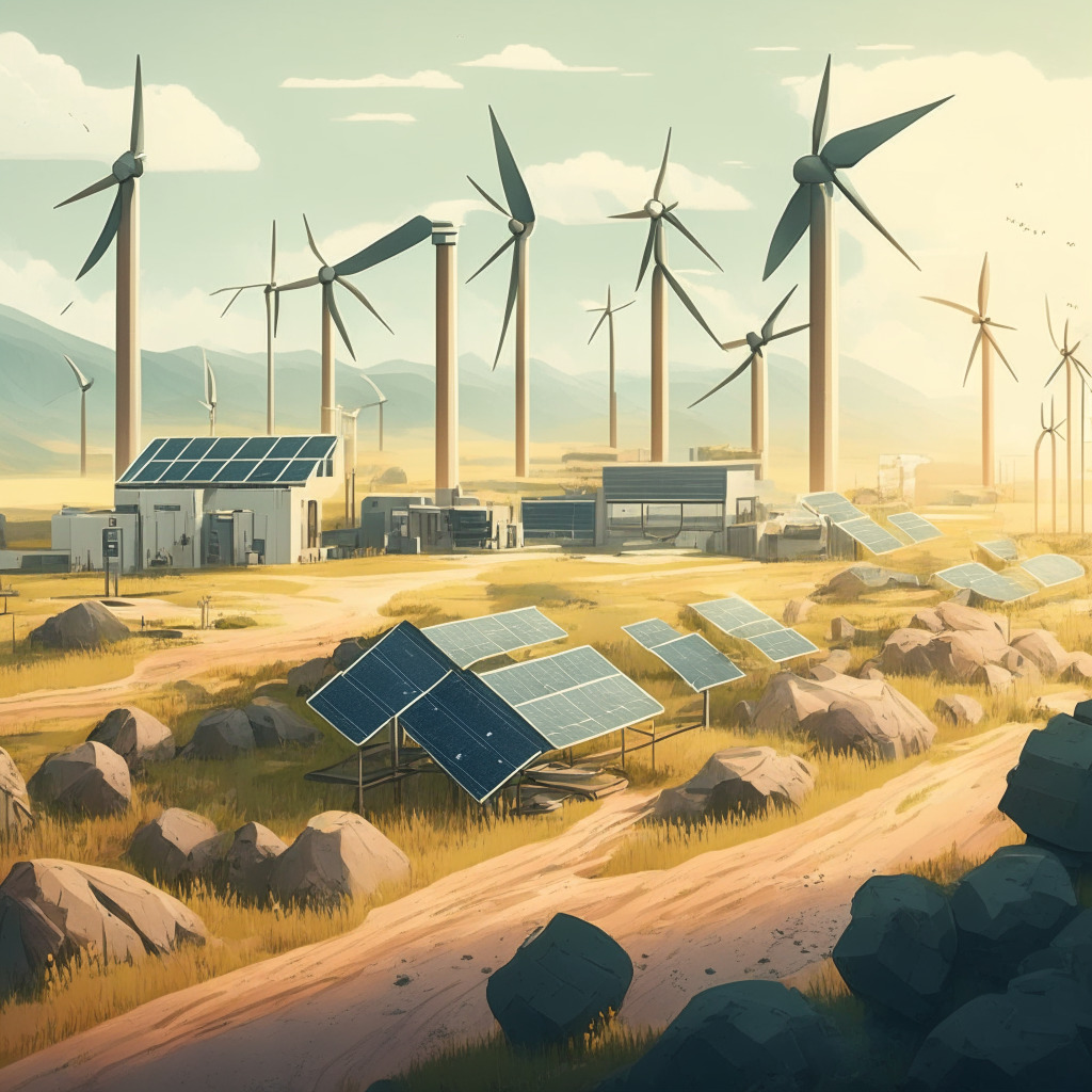 Eco-friendly Bitcoin mining scene, CleanSpark facility, renewable energy sources, solar panels, wind turbines, mining computers, low-energy consumption, Georgia landscape, soft morning light, muted colors, earthy palette, hopeful yet cautious mood, sustainable technology vibe.