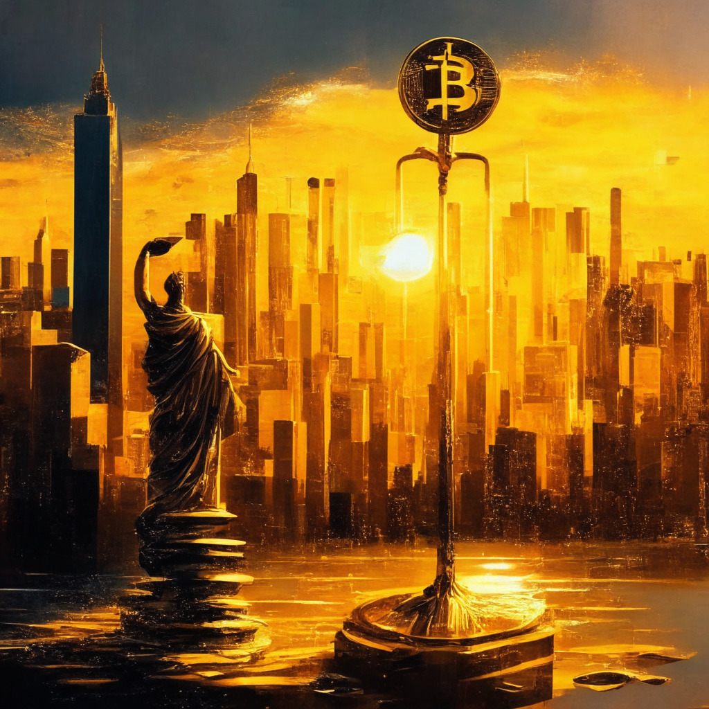 Cryptocurrency regulation debate, $4.3M repayment, intricate balance scale with justice symbol, New York cityscape, warm golden sunset, expressive brush strokes, tense atmosphere, cautious optimism, protection vs. innovation.