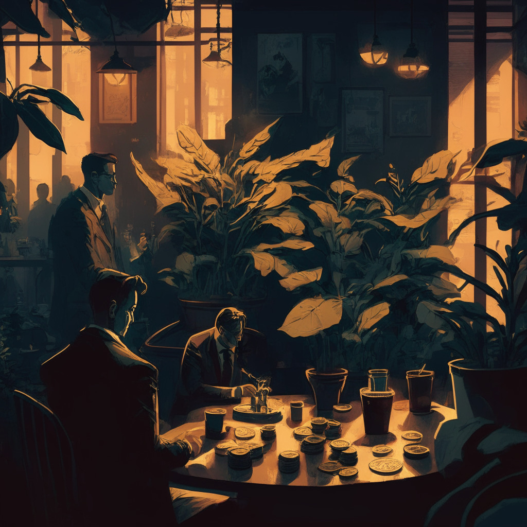 Crypto regulation scene, darkly lit café, intricate scales balancing coins and a growing plant, tense atmosphere, warm colors, contrasting shadows, expressionist style, somber mood, hidden fees exposed, investor protection, industry growth, NY Attorney General overseeing justice.