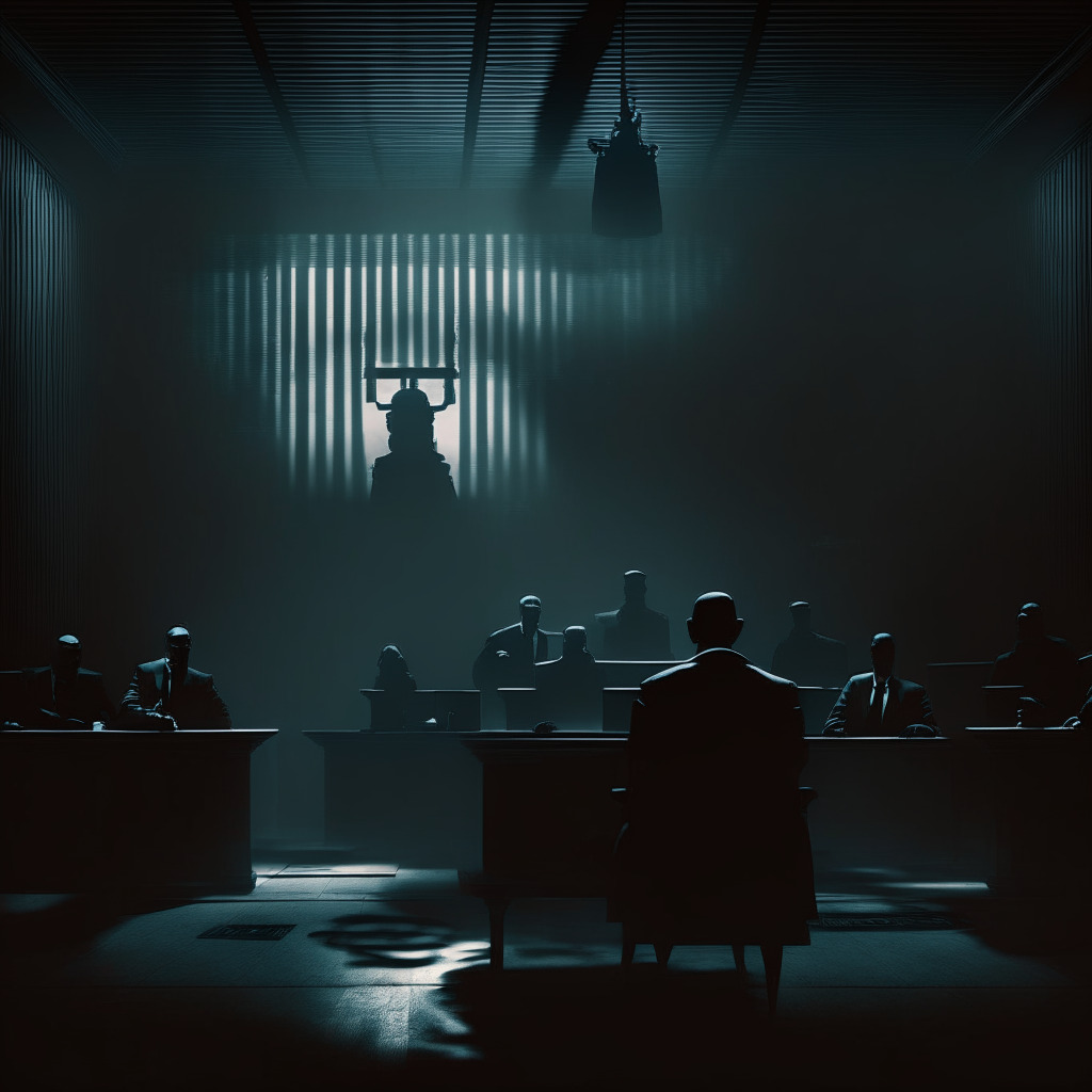 Cryptocurrency scam unraveling, shadowy figures, virtual courtroom backdrop, justice scales, moody lighting, Noir style, tense atmosphere, somber tones, deep shadows, contrast between light and dark, investor protection theme, hints of cyber attack, digital crime scene, cautious investors.