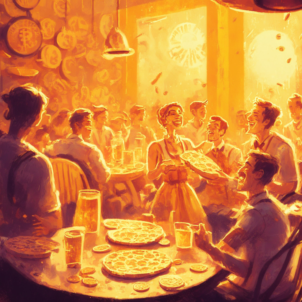 Sunlit pizzeria scene, Bitcoin pioneers sharing stories, warm golden tones, celebratory atmosphere, blend of educational visuals and fun activities, cryptocurrency tokens scattered, abstract impressionist style, nostalgic mood, hint of skepticism in characters' expressions.