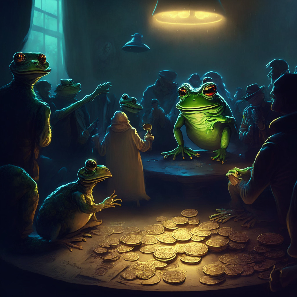 Cryptocurrency controversy scene, artistic chiaroscuro lighting, Frog mascot with digital coin, split community in background, apologetic tone, intense debate, Twitter platform ambiance, cautious communication, evolving market, trust and security emphasized.