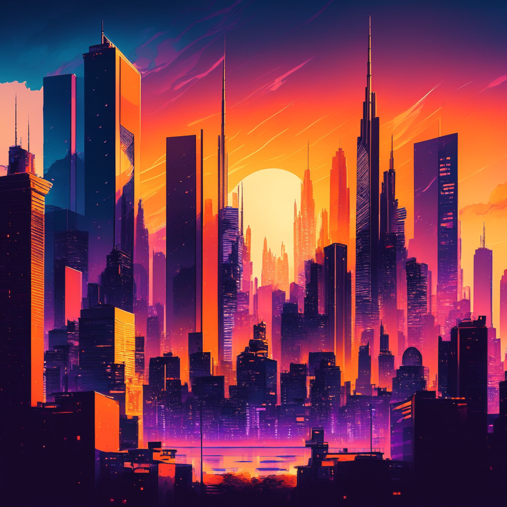 Intricate cityscape, split between two contrasting worlds: vibrant US city & futuristic Asian metropolis, dusk setting, warm colors (oranges, yellows) on US side, cool colors (blues, purples) on Asian side, chiaroscuro lighting, tense atmosphere of financial competition, air of innovation, imposing skyscrapers with hints of crypto symbols.