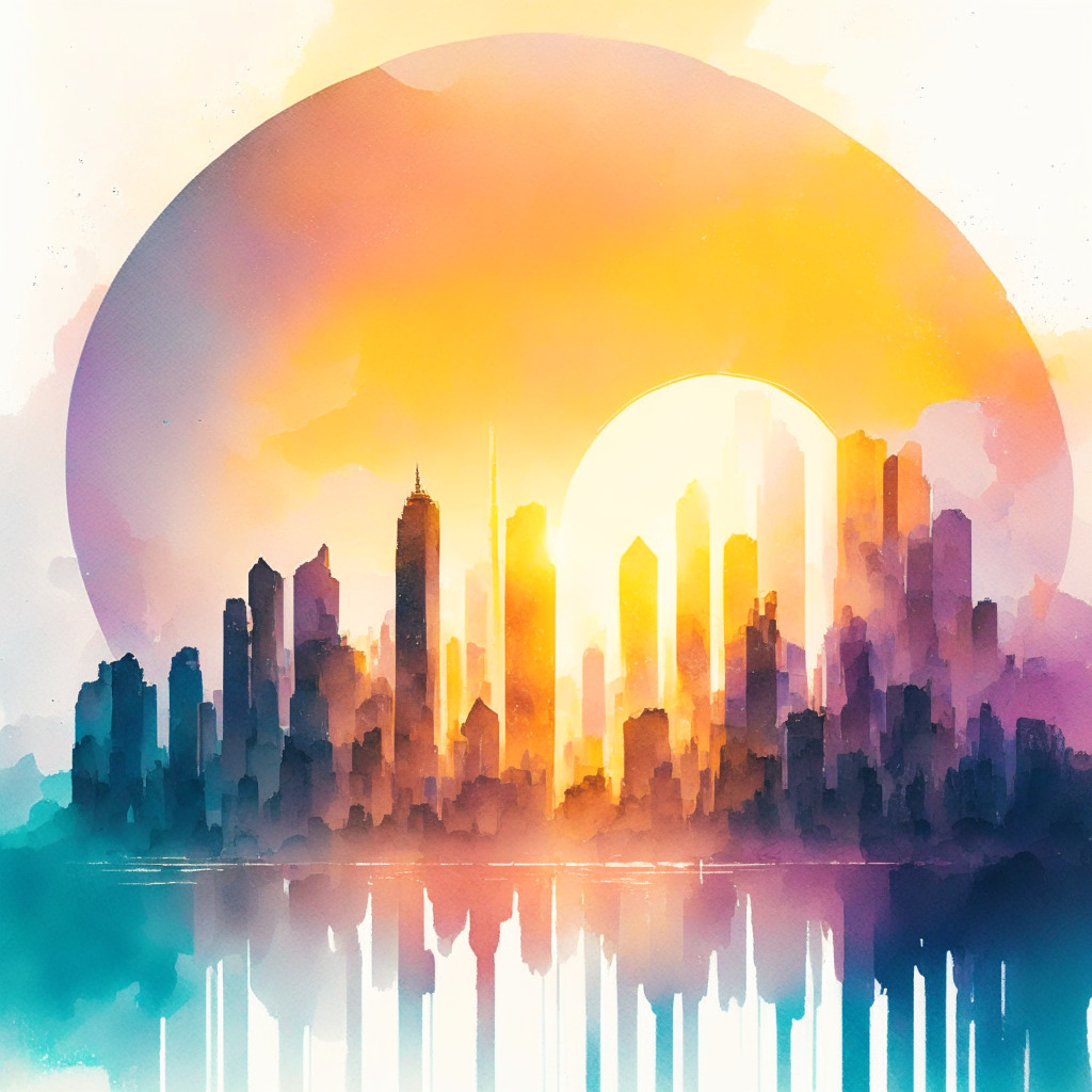 Ethereal sunrise over futuristic skyline, Coinbase co-founder confidently investing in crypto stock, soft watercolor style, glowing optimism amid whispers of risk, contrast of warm and cool palette, symbolic coin in balance; uncertainty yet potential in a pivotal moment.