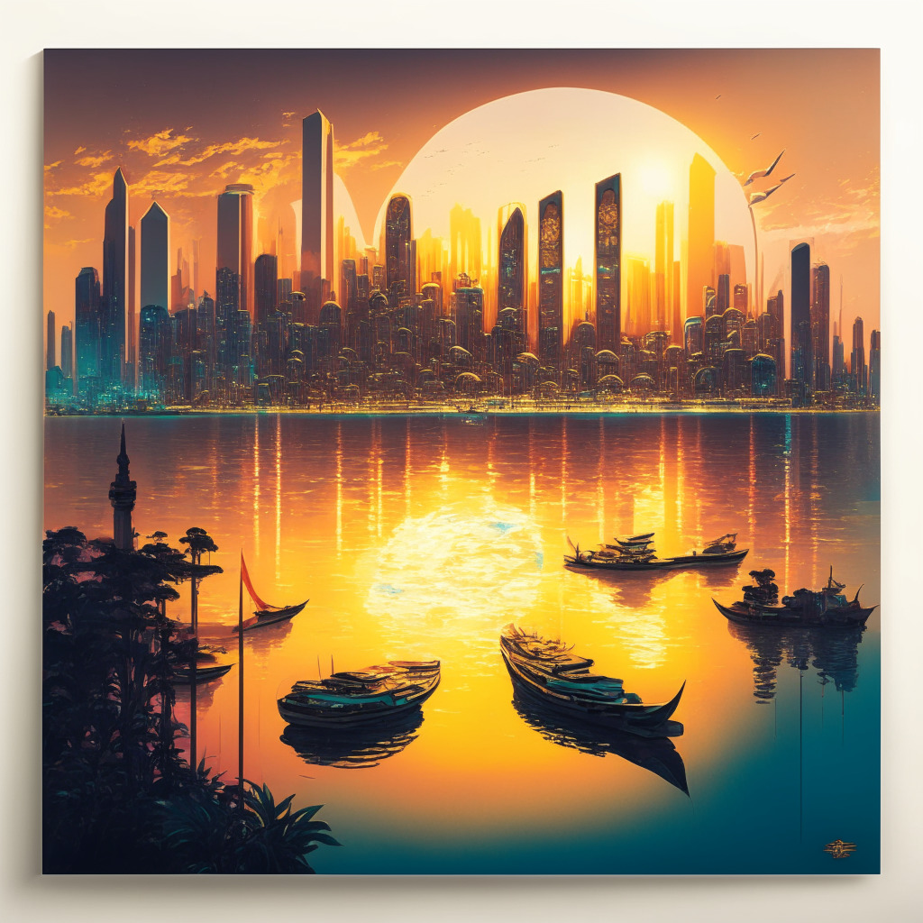 Intricate cityscape of Singapore with a futuristic vibe, vibrant colors and sharp contrasts, crypto coins integrated into the scene, a golden glow on the horizon representing optimism, a serene harbor reflecting the calm mood, subtle visual cues of international connections, artistic style merging realism with imaginative flair.