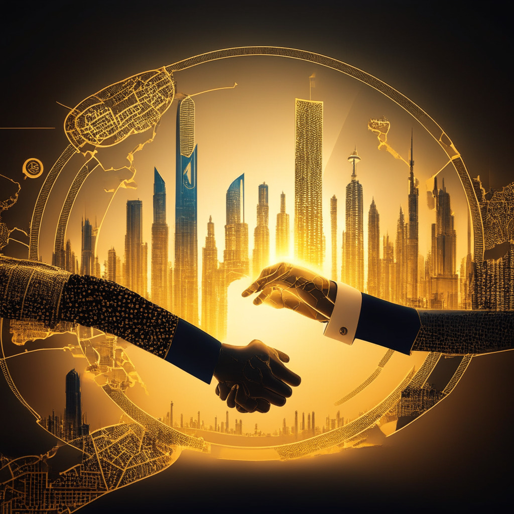 Futuristic Dubai skyline, coin symbols, handshake, world map highlighting the Middle East, Africa, and Asia, diverse business executives, glowing Web3 ecosystem, contrasting shadows representing regulatory challenges, golden and warm light symbolizing growth opportunities, energetic and dynamic atmosphere, intricate Arabesque patterns.