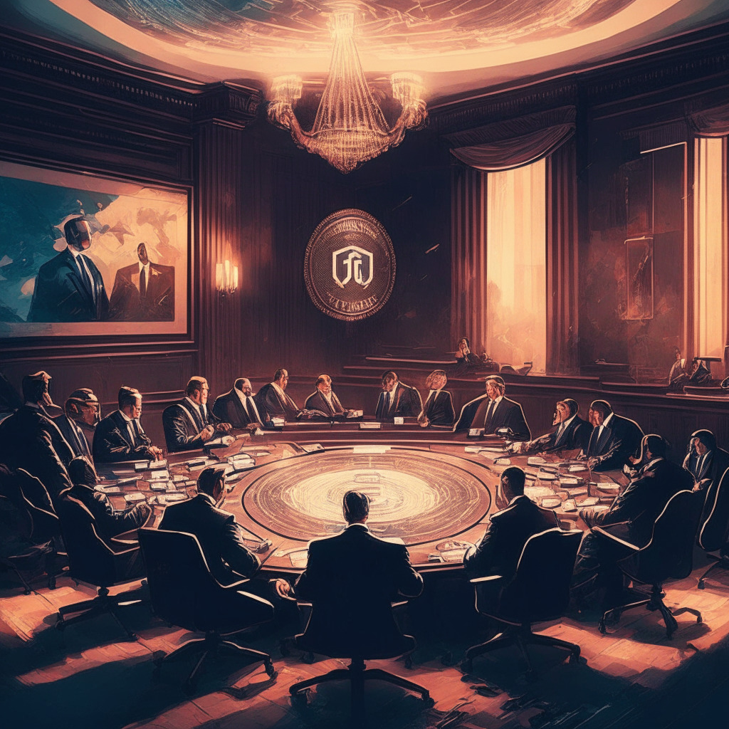 Cryptocurrency exchange council, ex-US lawmakers steer regulations, dusk-lit vintage conference room, elegant business attire, serious and focused expressions, intricate liaison with regulators, creating global harmonization, determination amid regulatory challenges, embracing crypto's potential.