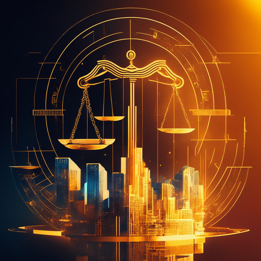 Intricate blockchain design, scales of justice, balance metaphor, golden sunset glow, neo-futuristic style, cautious optimism, diverse business entities, abstract financial skyline, hazy regulatory background, contrasting sharpness between innovation and regulation, forward-motion composition, harmonious yet tense mood.