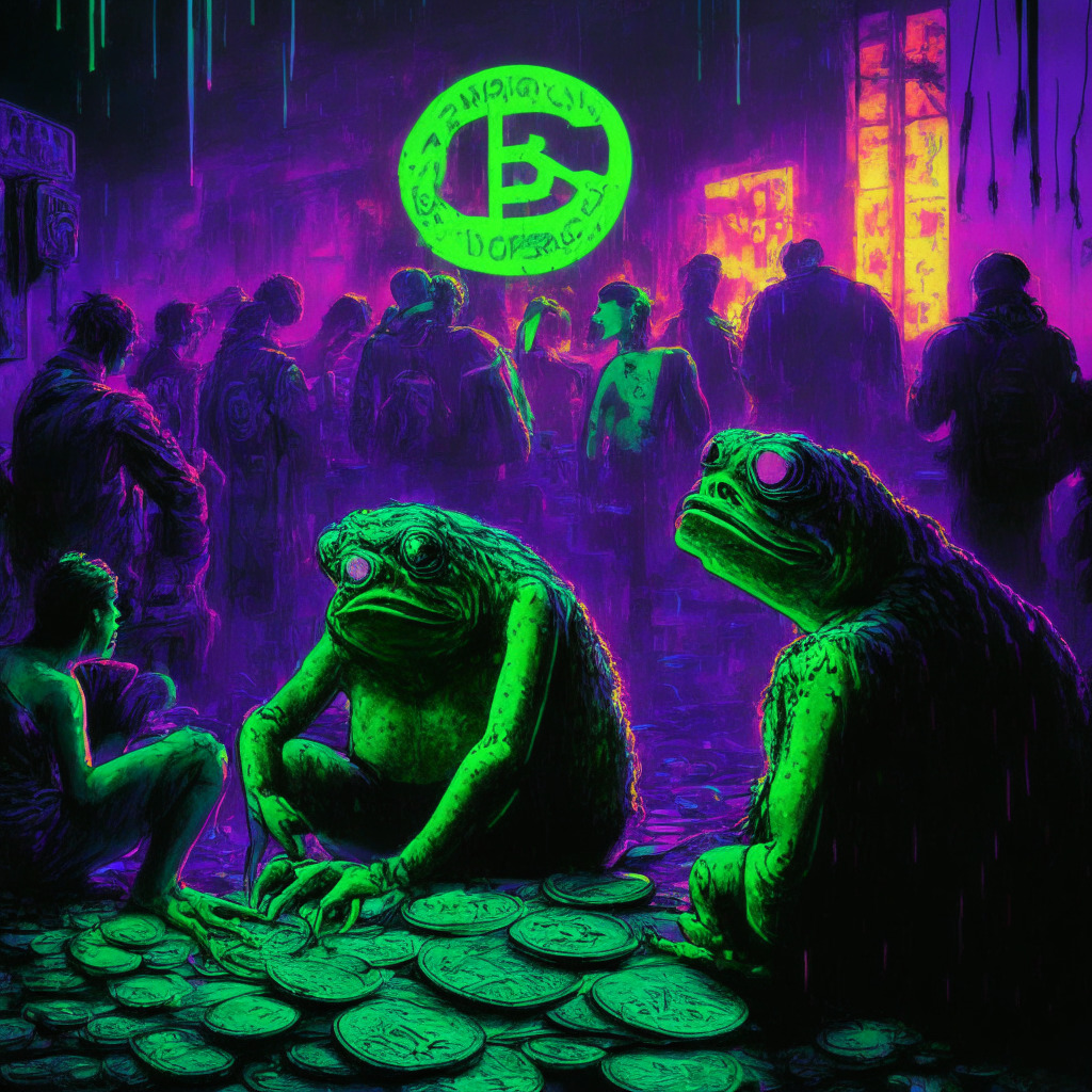 Cryptocurrency chaos, memecoin community uproar, Pepe labeled hate symbol, contrasting exchanges' stances, demand for apology, #deletecoinbase trending, artistic cyberpunk style, low-light setting, neon-tinged glow, emotionally charged atmosphere, dramatic tension, dystopian undertones, reflection of crypto market volatility, cautionary message.