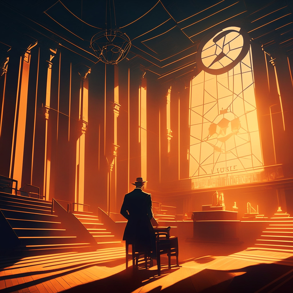 Intricate blockchain network, legal officer discussing regulations, contrast of classic courtroom & futuristic setting, warm glowing light, muted color palette, strategic use of shadows, mood of contemplation and balance, a Wild West backdrop symbolizing risk & uncertainty.