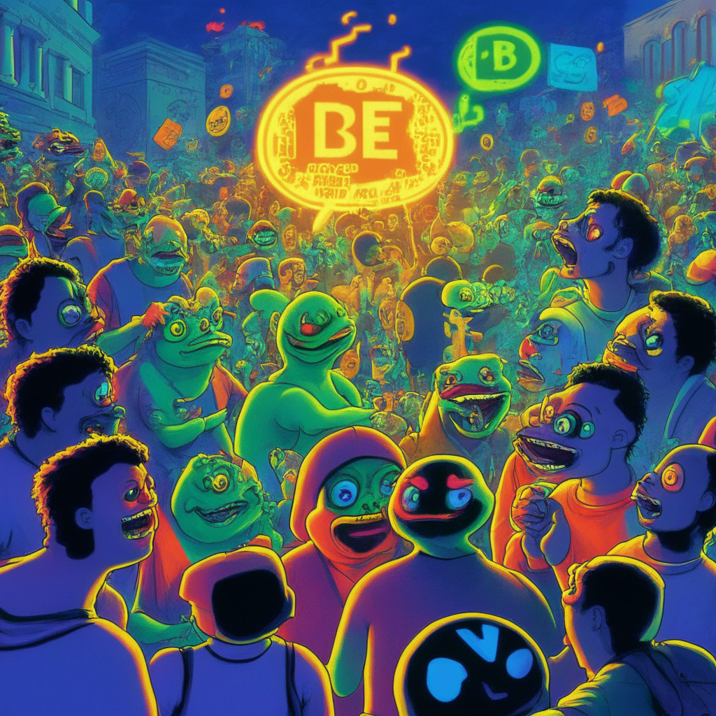 Cryptocurrency debate scene, heated Twitter exchange, vibrant colors, multiple speech bubbles, Coinbase and PEPE memecoin logos replaced by abstract symbols, internet meme-inspired Pepe the Frog with a mischievous grin observing, #DeleteCoinbase slogan lit up, contrasting Gemini figuratively represented, chaotic crowded street, cyberpunk neon city setting, Crypto market instability symbolized by people's expressions, dark and moody atmosphere, chiaroscuro lighting, touch of surrealist art style.