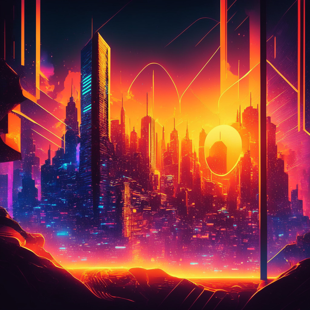 Futuristic digital trading scene, warm neon cityscape, glowing Web3-inspired elements, bustling crypto market, contrasting moods of optimism and uncertainty, SUI coin in spotlight, experimental label shadow, cosmic art style, sunrise metaphor for potential growth, high-energy atmosphere.