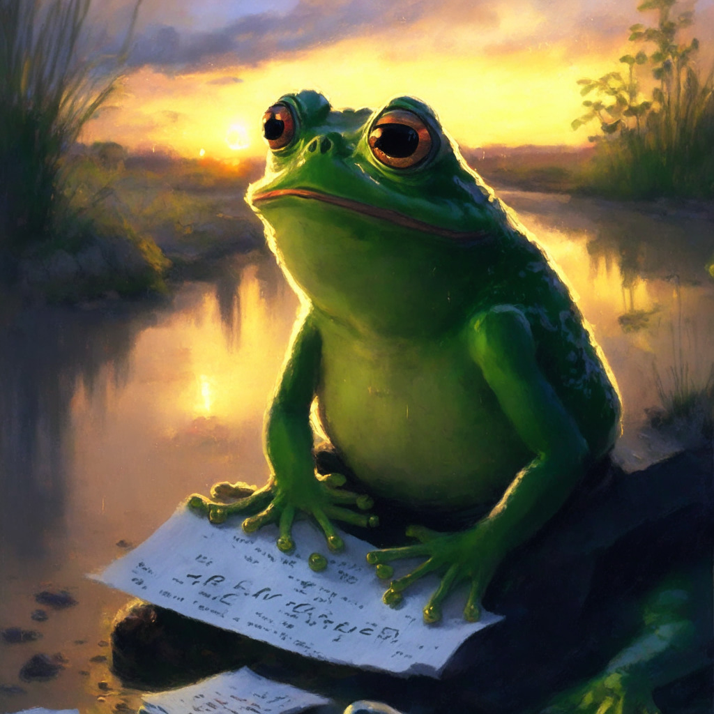 Frog character near apology letter, evening light, Impressionist style, peaceful mood, PepeCoin soaring, meme token support, crypto rollercoaster, internet meme origins, diverse crypto community, innocence reclaimed, artistic expression, unanticipated growth, cautionary tale.