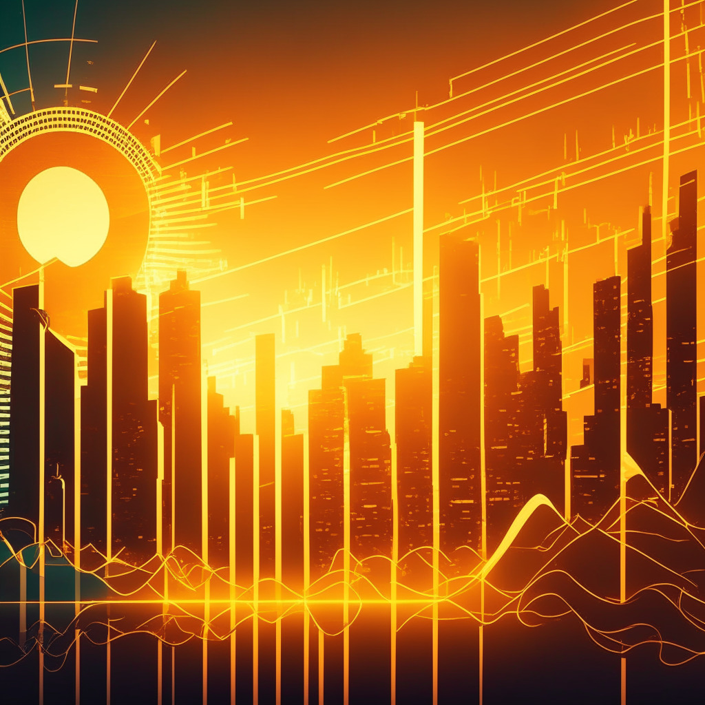 Cryptocurrency market recovery, golden-hued cityscape at sunset, optimism and growth, Coinbase building standing prominently, abstract Art Deco style, glowing trading screens in the background, dynamic upward curves symbolizing improved revenues, contrasting shadows illustrating volatility, soft warm light revealing path towards sustainability.